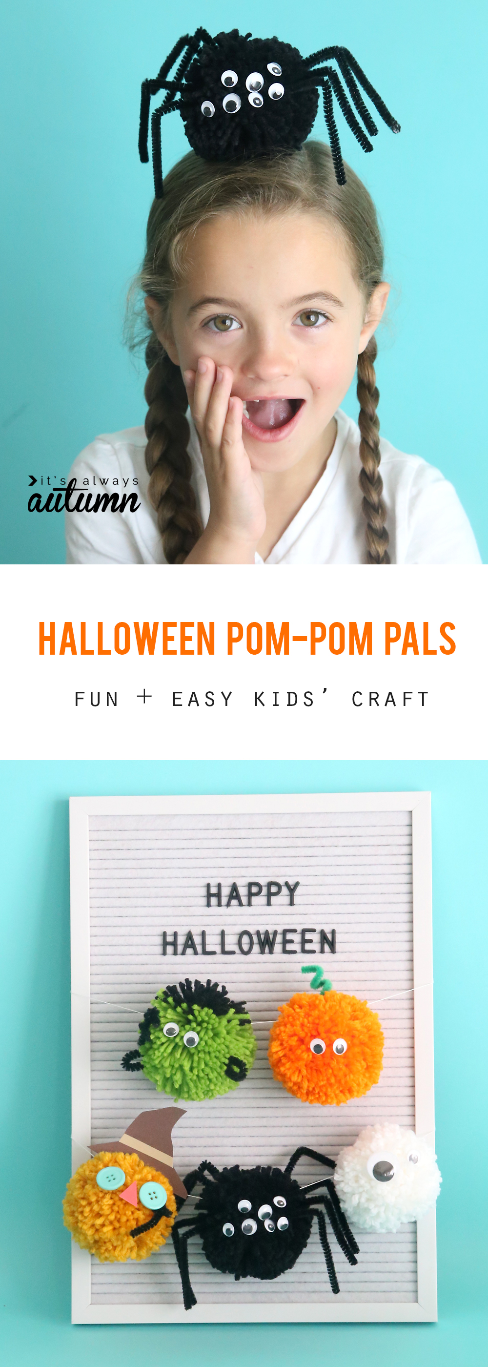 Girl with a pom pom spider on her head; Halloween pom poms hanging on a garland