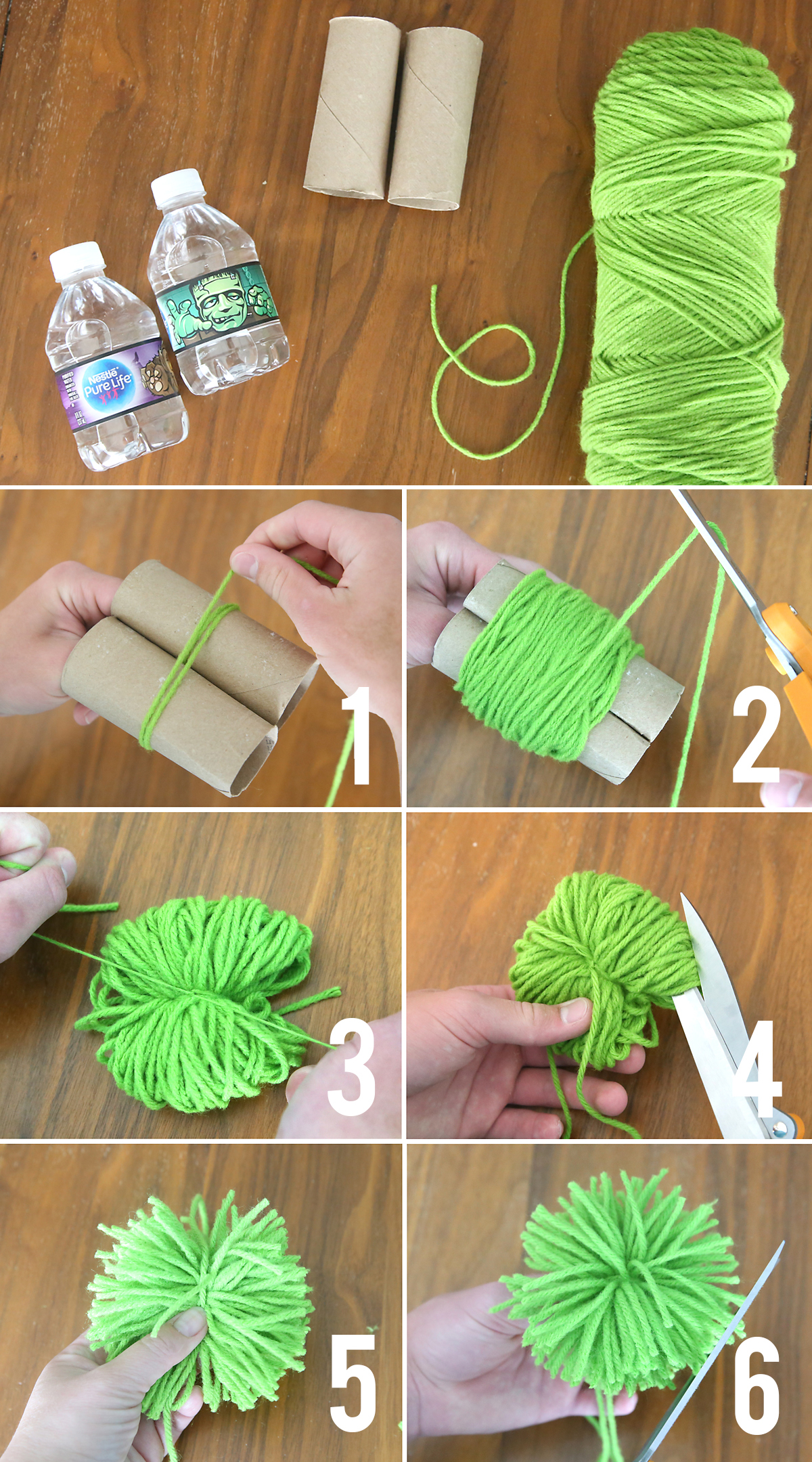 Steps for making yarn pom pom: wrap yarn around two empty toilet paper rolls, tie yarn between them, pull tie tight, snip open loops of yarn