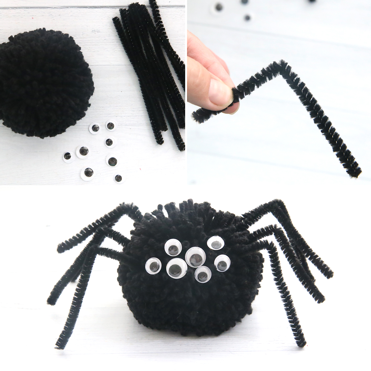 Spider yarn pom pom with pipe cleaner legs