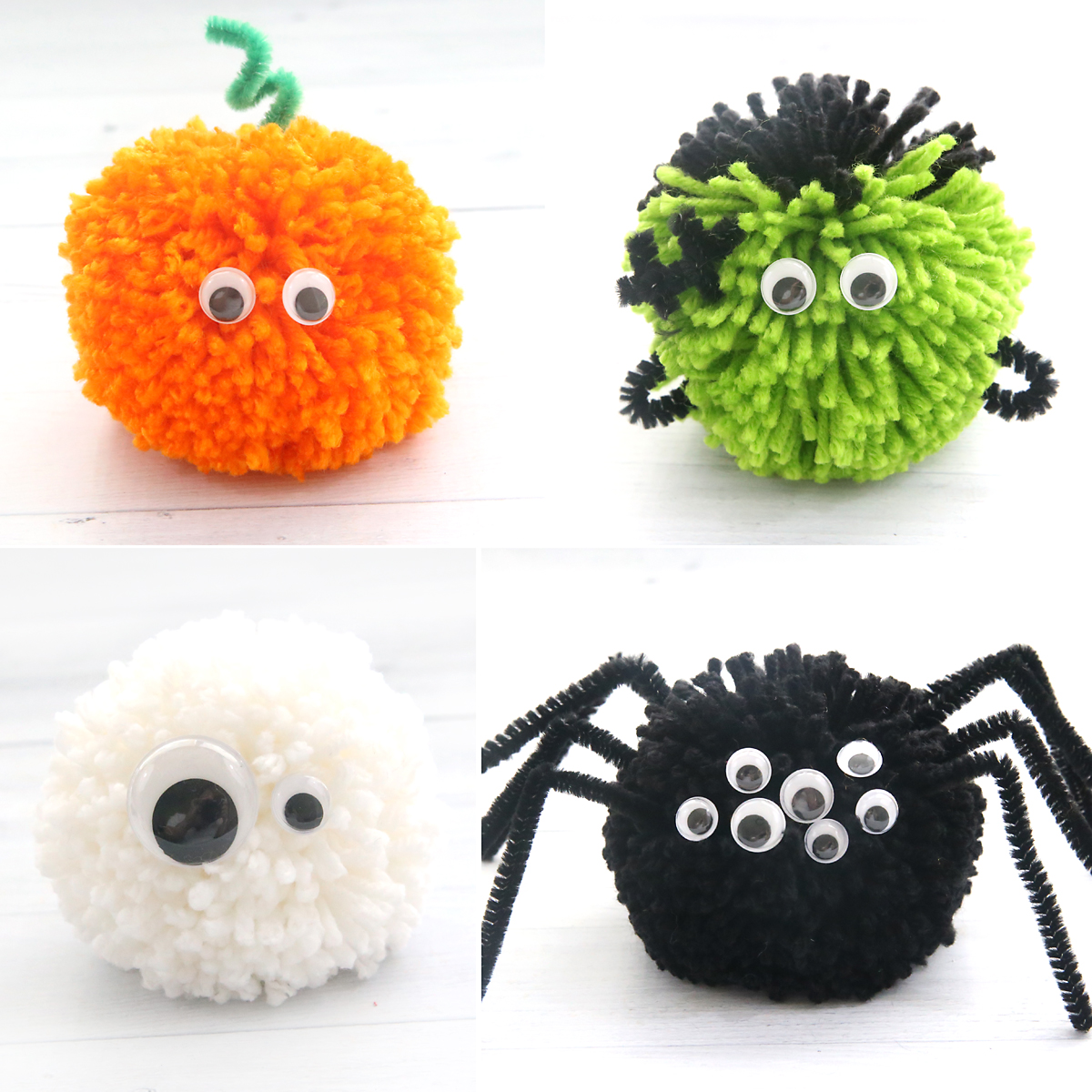 Halloween pom poms: pumpkin, Frankenstein, ghost, and spider