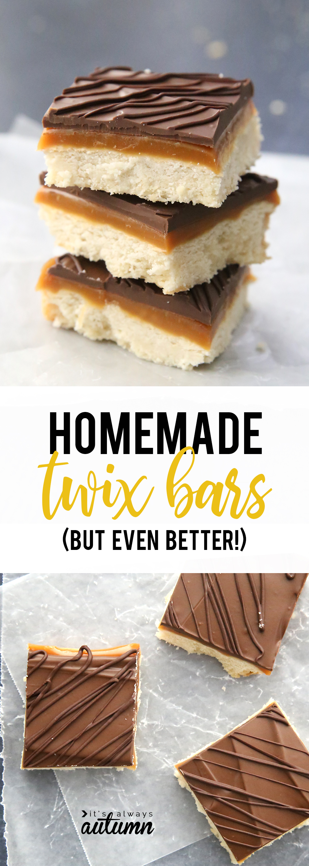 These caramel chocolate shortbread bars are like twix bars, but even better! Easy homemade twix bars recipe.