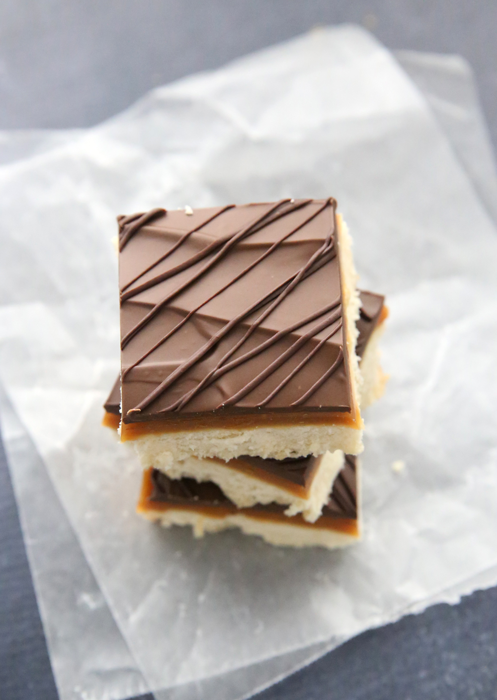 Chocolate layer on top of caramel and shortbread.