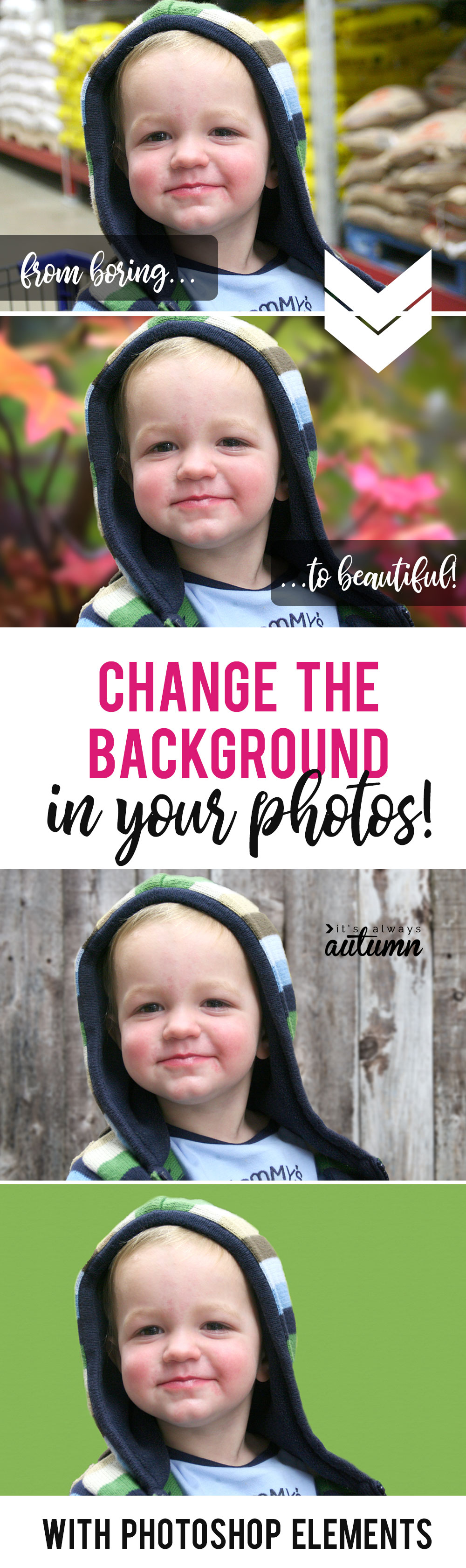 The same photo of a boy placed in front of different backgrounds