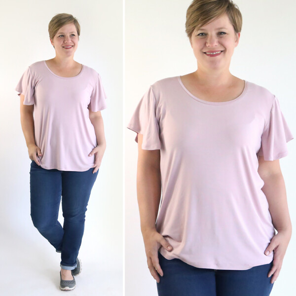 A woman wearing a pink t-shirt with flutter sleeves, made from a free sewing pattern