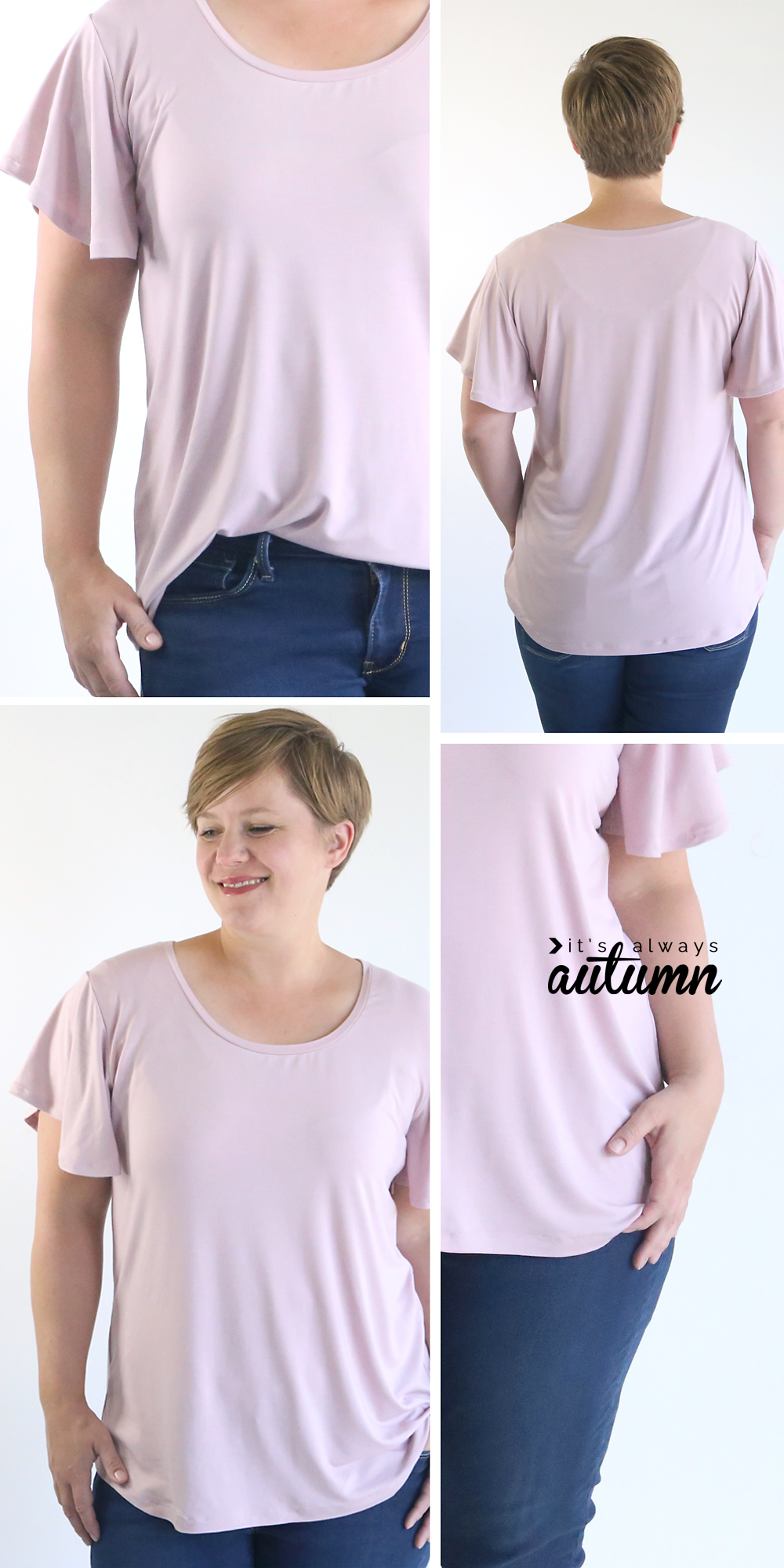 A woman wearing a pink t-shirt with flutter sleeves, made from a free sewing pattern