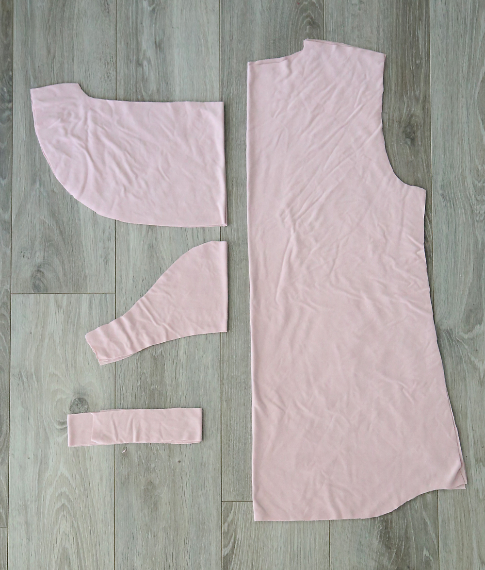 Pattern pieces for flutter sleeve tee: shirt front and back, sleeve, flutter sleeve, neckbinding