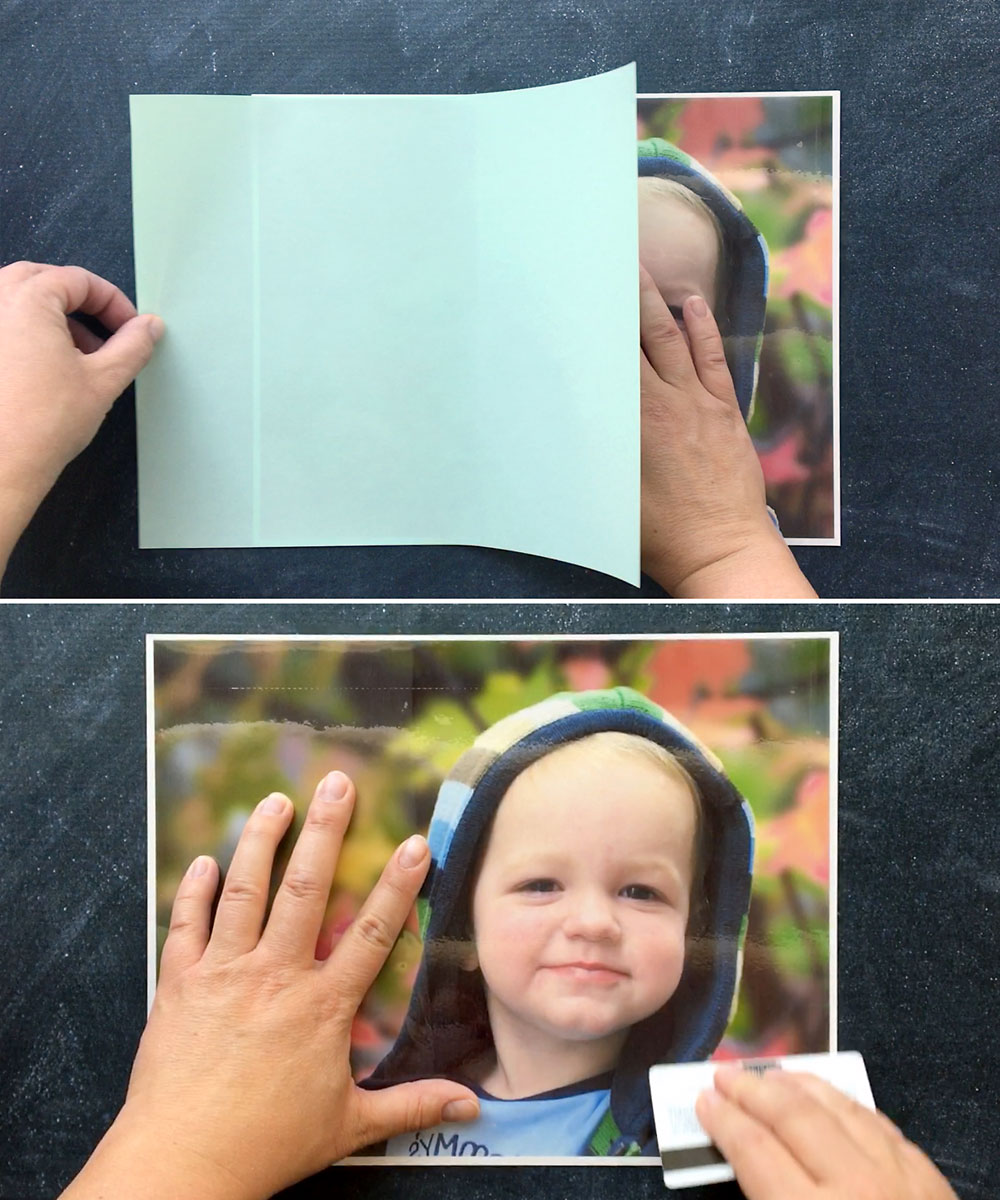 Placing adhesive sheet onto photo