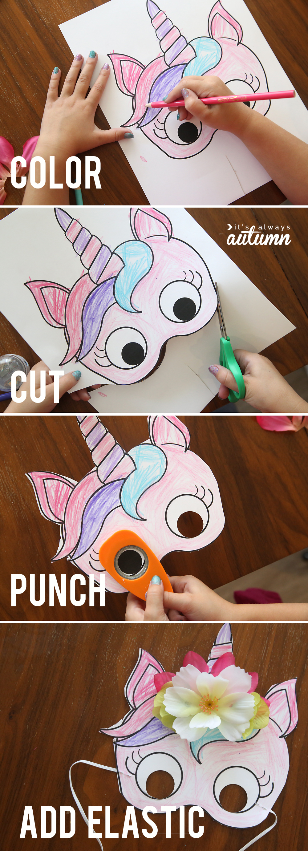 Cutting out paper unicorn mask, using large hold punch to punch out eye holes, adding elastic