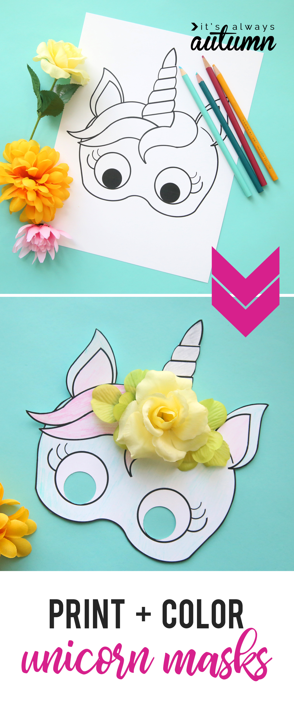 Unicorn mask template and unicorn mask that has been colored in