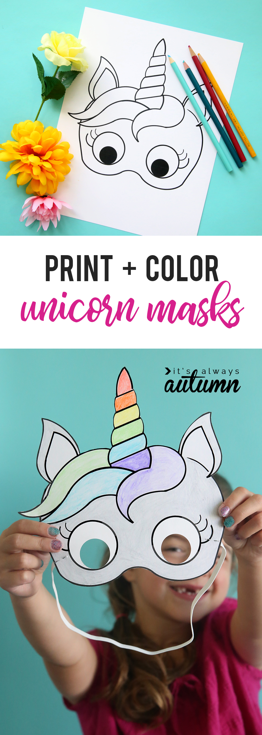 A unicorn mask template, child holding a paper unicorn mask she has colored