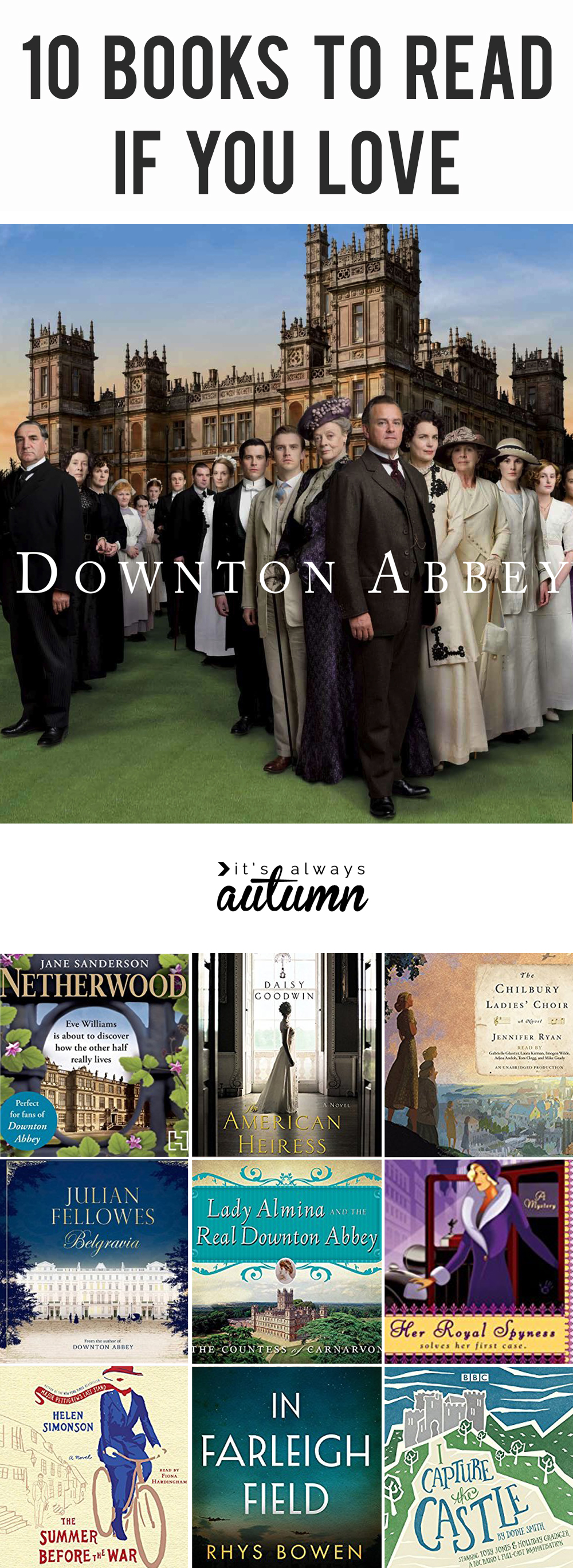 Downton Abbey photo, and collage of books similar to Downton abbey