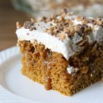 Caramel pumpkin poke cake is the perfect fall dessert. Quick + easy recipe.
