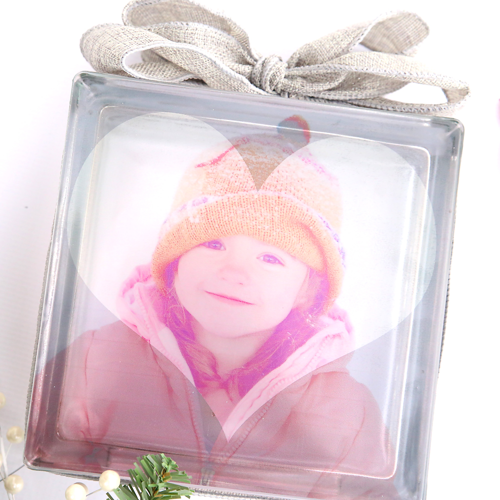 This is the absolute easiest photo transfer to glass technique ever! Print, peel + stick! Makes a great DIY Christmas gift.