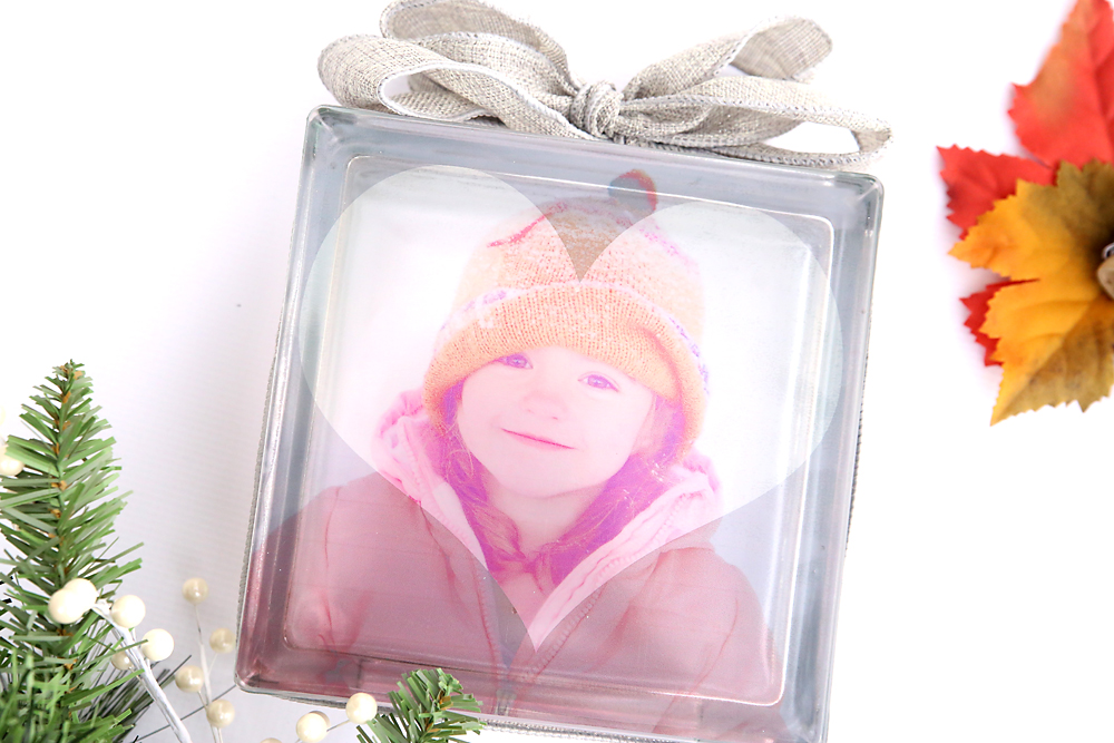 Glass photo block tied with a ribbon