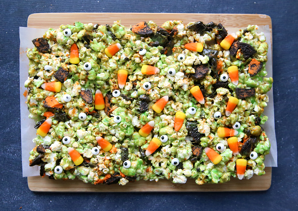 Popcorn bars with candy corn, Oreo pieces and candy eyes
