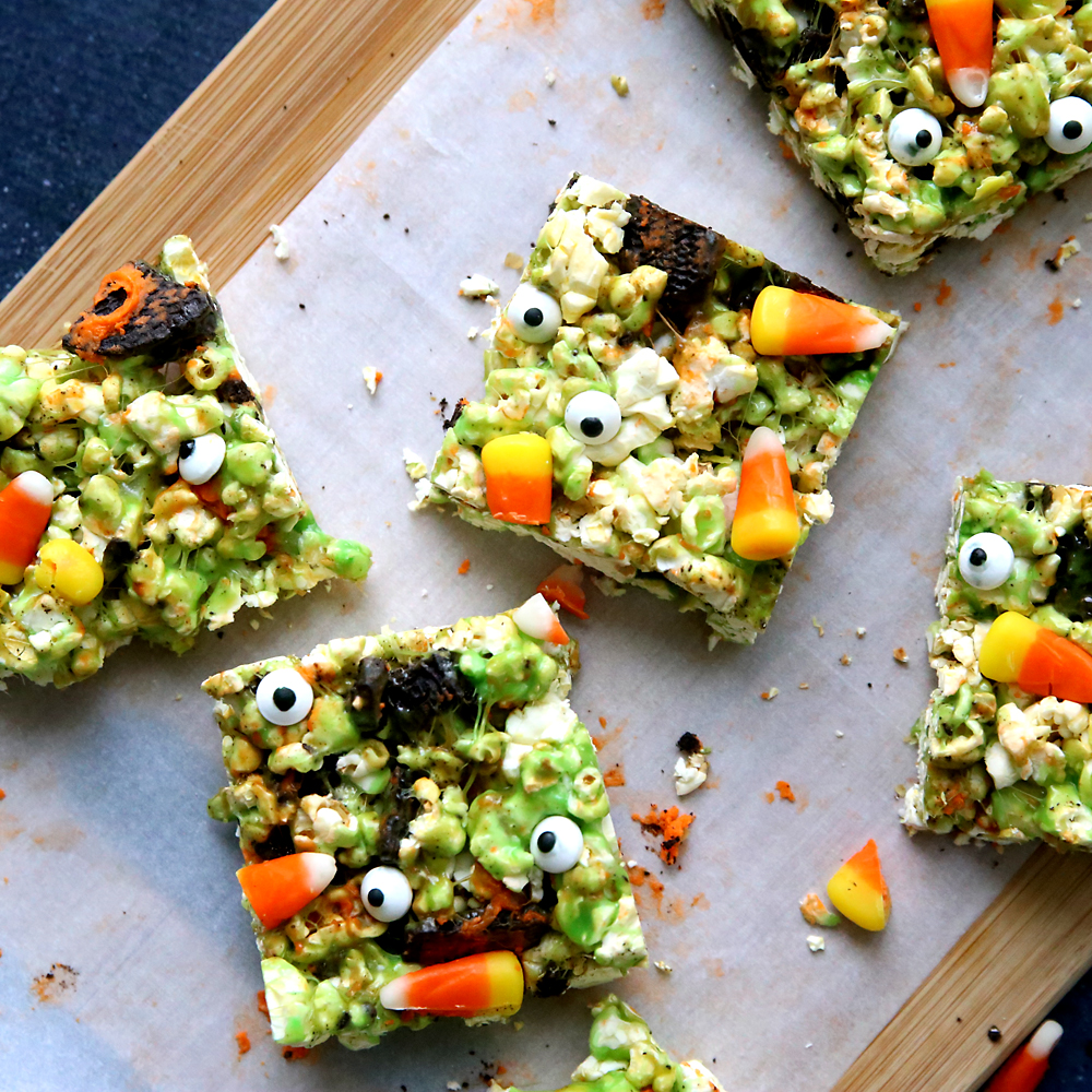 Popcorn bars with candy corn, Oreo pieces and candy eyes