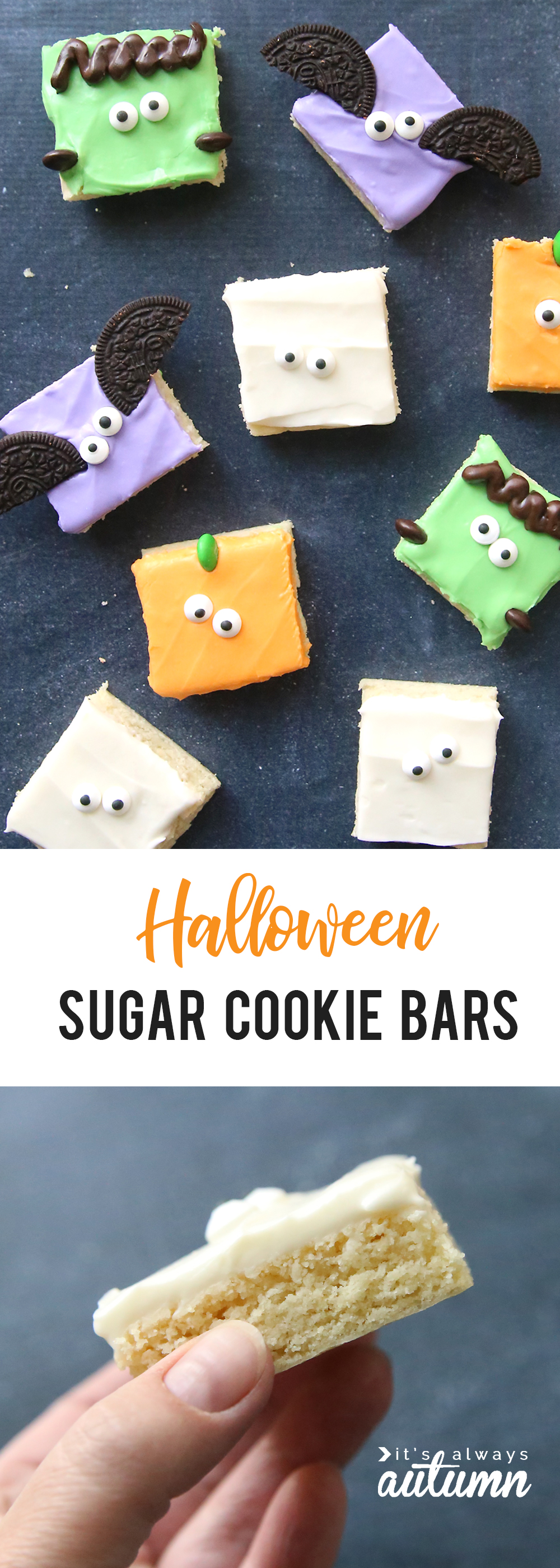 Sugar cookie bars frosted to look like Halloween characters