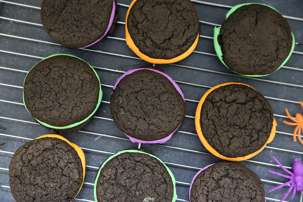 halloween whoopie pies on a cooling rack