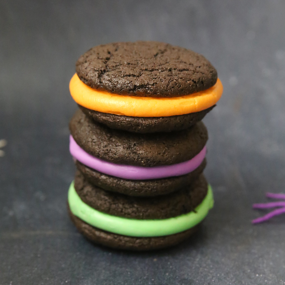 3 halloween whoopie pies in a stack