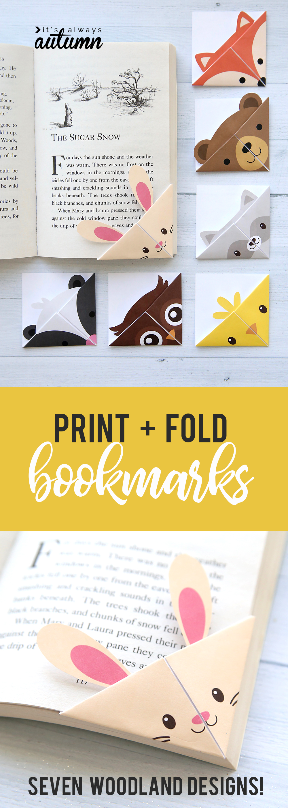 Collage: print and fold bookmarks with a book, corner bookmark on a book