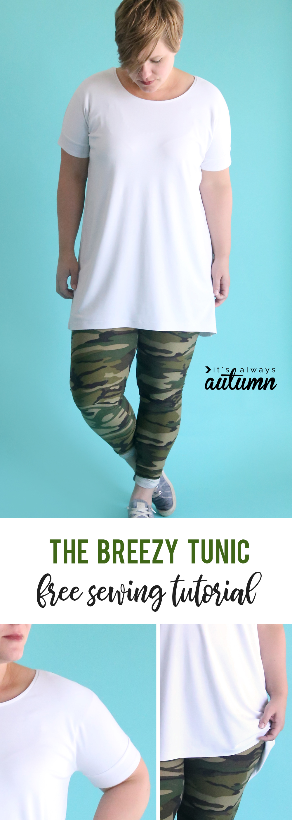 A woman modeling the breezy tunic sewing pattern