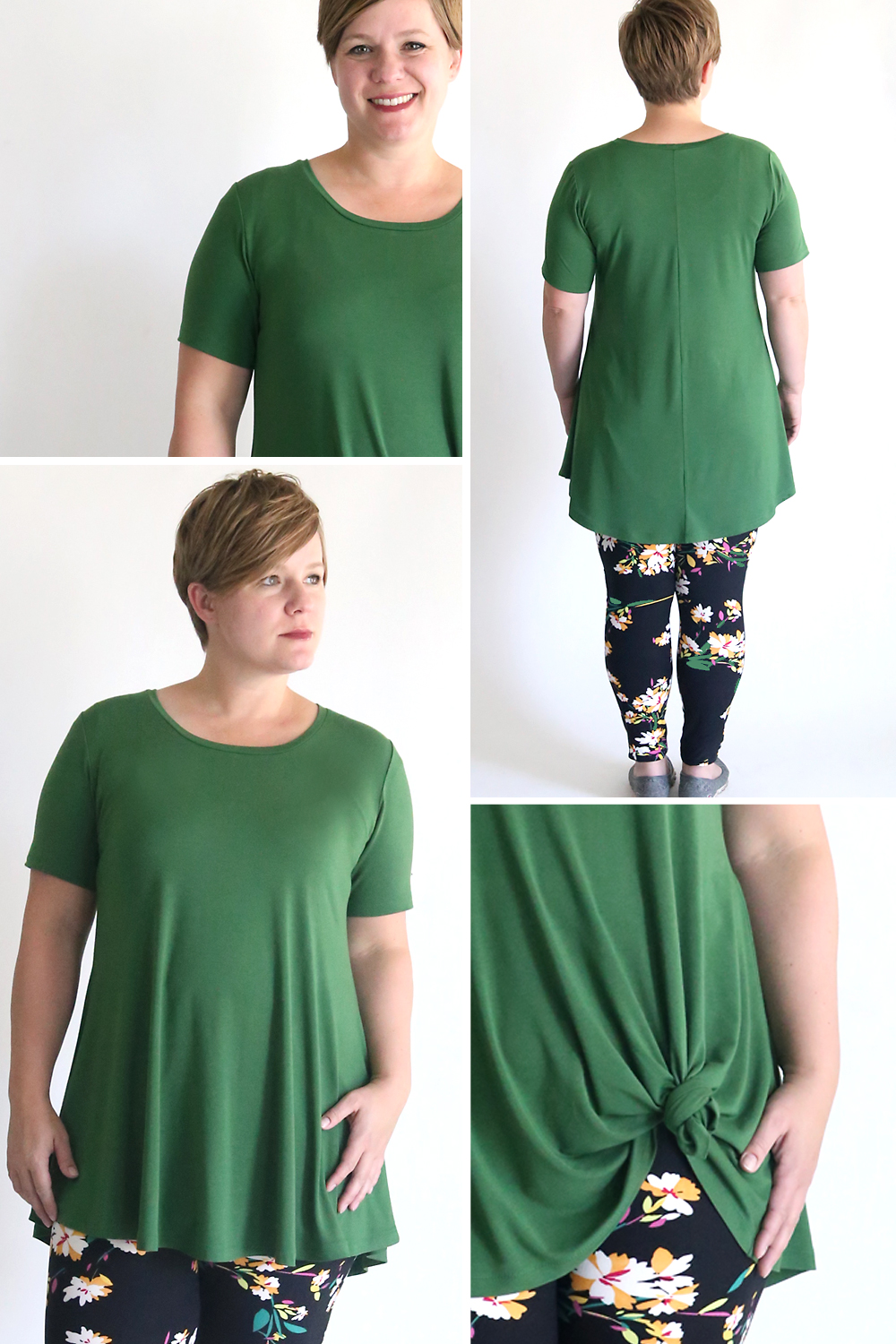 A woman wearing a swing tunic made from a sewing pattern to look like the LulaRoe perfect tee