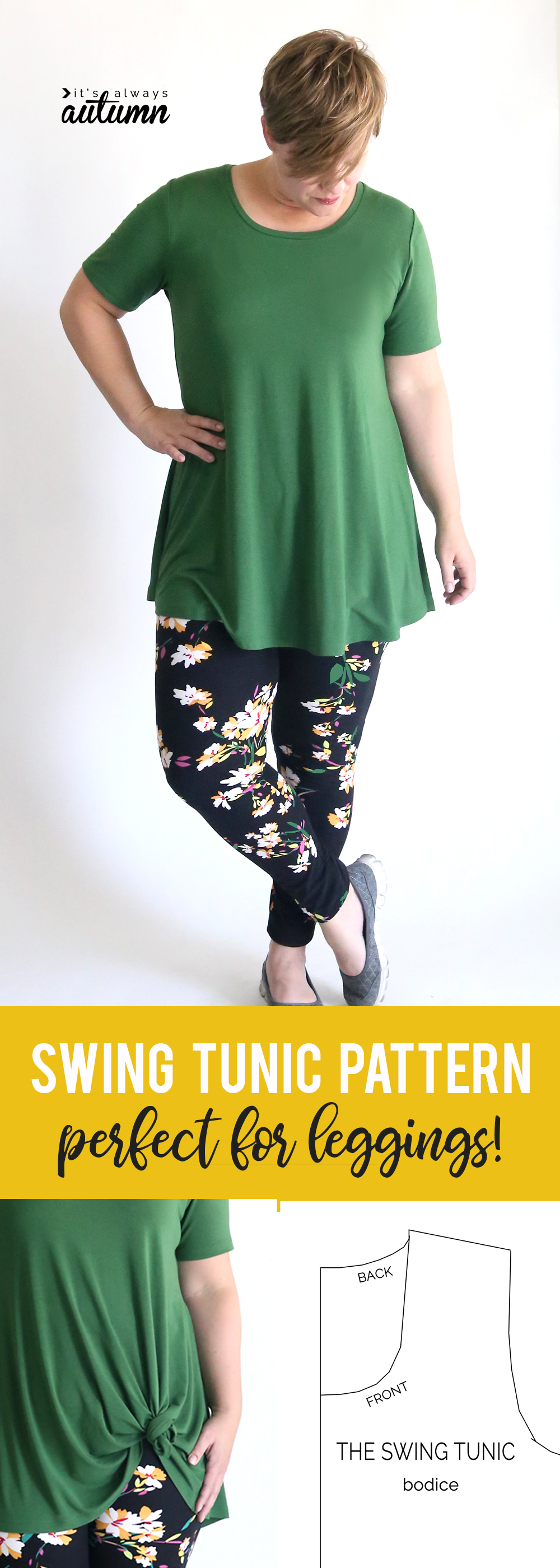 A woman wearing a swing tunic like the LulaRoe perfect tee with leggings