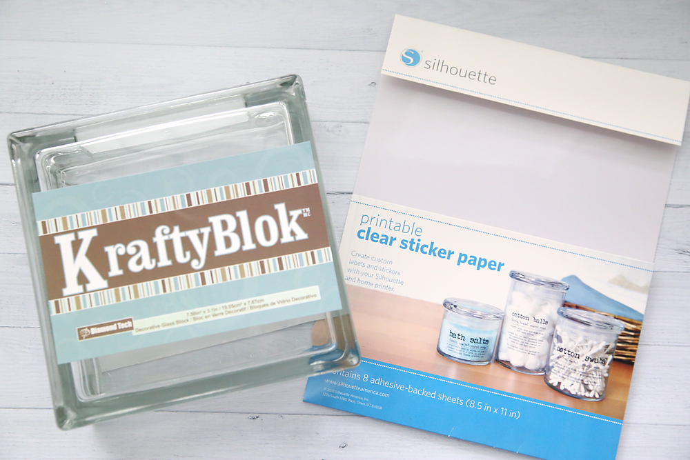 Glass block photo transfer supplies: craft glass block, clear sticker paper