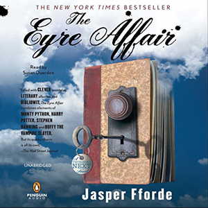 The Eyre Affair book cover, book with a doorknob and key