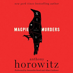 Magpie Murders book cover, red with a raven