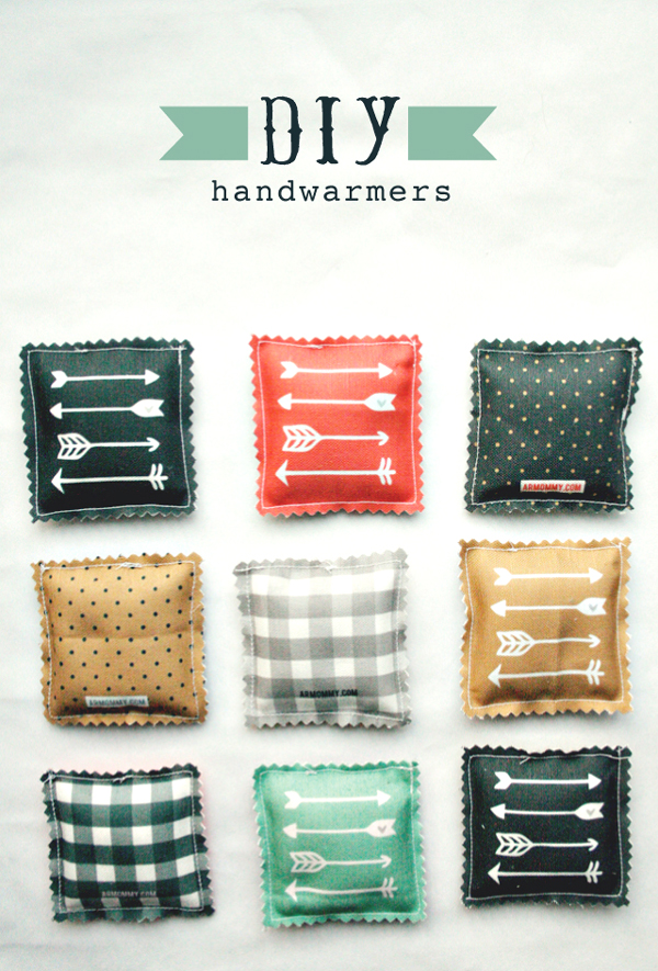 DIY hand warmers: squares of fabric filled with rice and sewn together