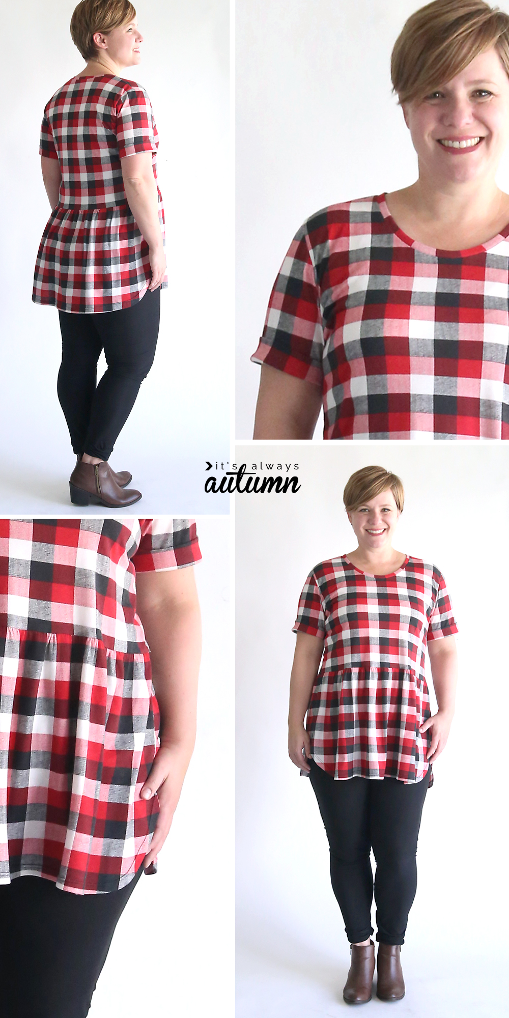 A woman wearing a plaid peplum top made from a free sewing pattern and leggings