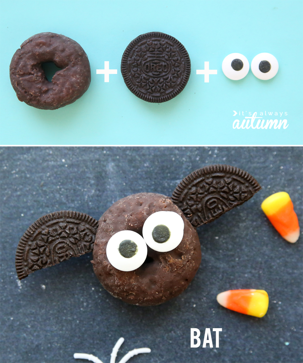 Mini donut plus Oreo plus candy eyes, bat donut