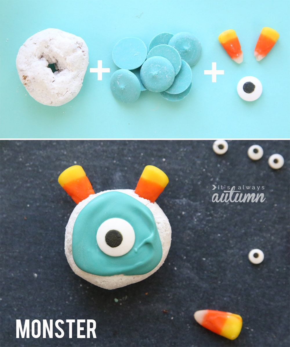 Mini powdered donut plus candy melts plus candy corn plus candy eye, monster donut