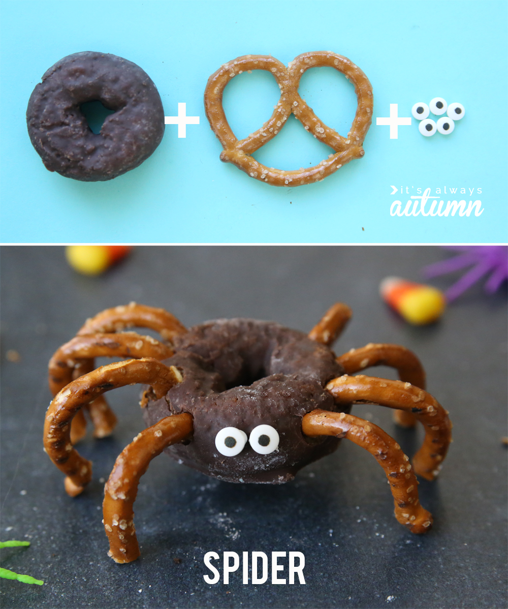 Chocolate donut plus pretzel plus candy eyes, spider donut
