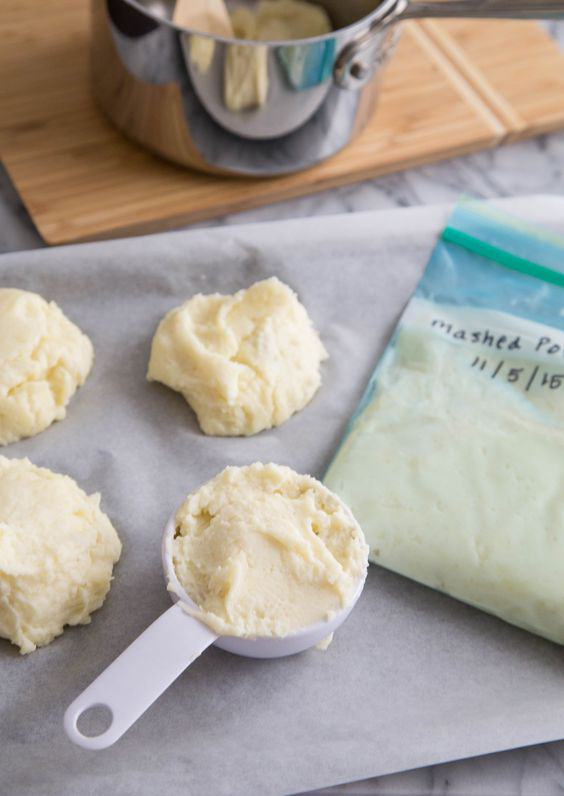 Make ahead mashed potatoes in a measuring cup, and in a bag to be frozen