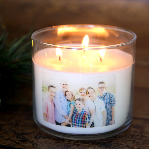 Personalized photo candle: white candle in a glass jar with a photo on the front