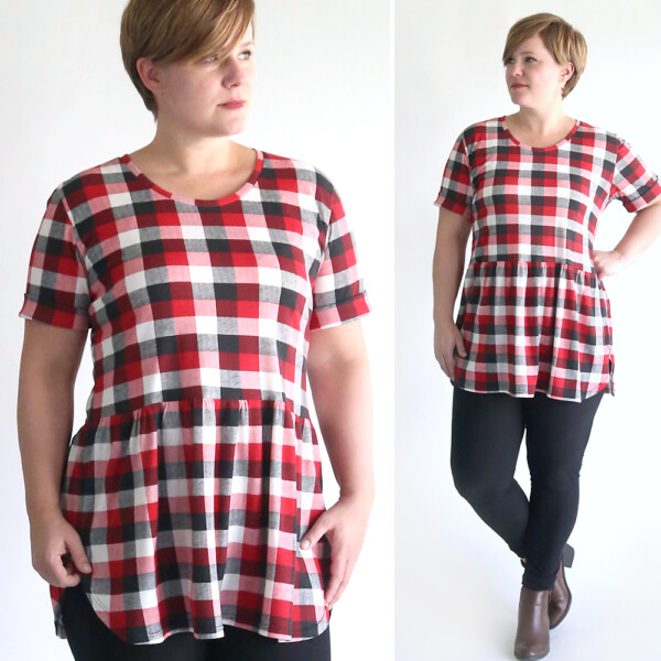 A woman wearing a plaid peplum top made from a free sewing pattern and leggings