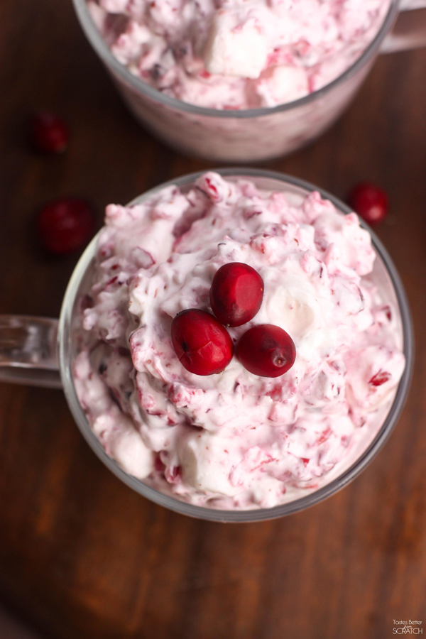 A close up of a bowl of cranberry fluff, a make ahead Thanksgiving side dish