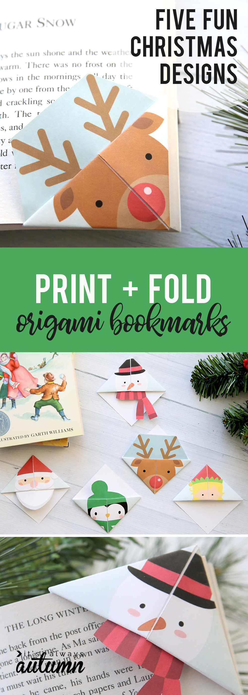 Print and Fold origami bookmarks in various Christmas characters