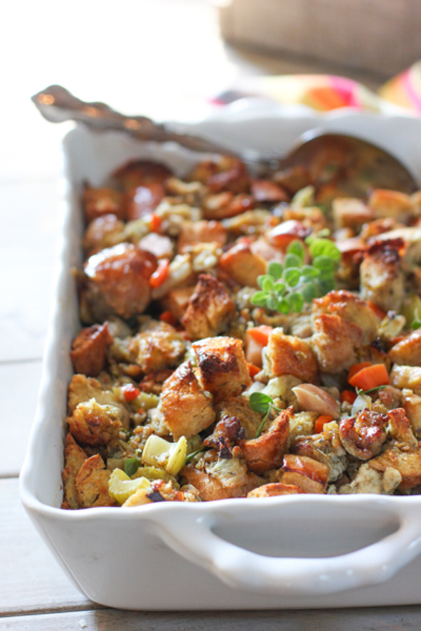 Make ahead Thanksgiving stuffing with apples and sausage, in a dish