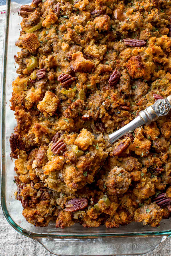 A close up of food: make ahead cornbread stuffing with pecans