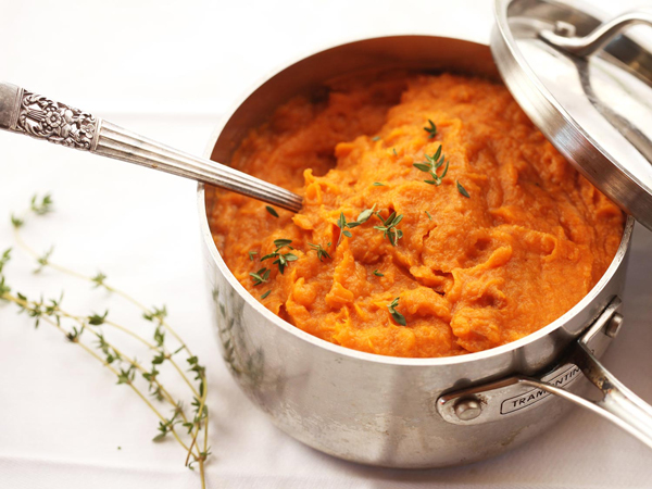 Mashed sweet potatoes in a pot