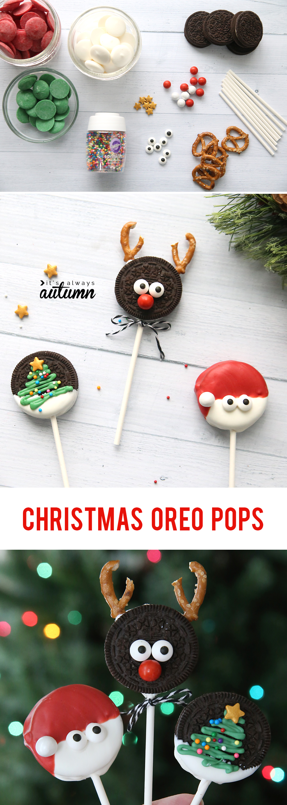 Christmas oreo pops decorated to look like Rudolph, Santa and christmas tree