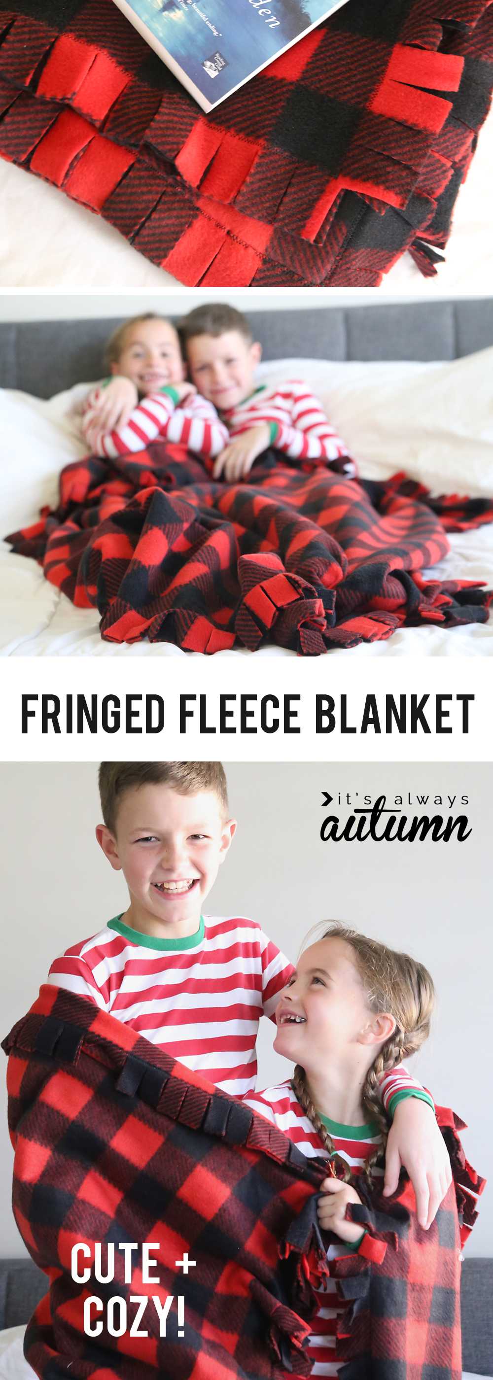Boy and girl wrapped up in a fringed fleece blanket