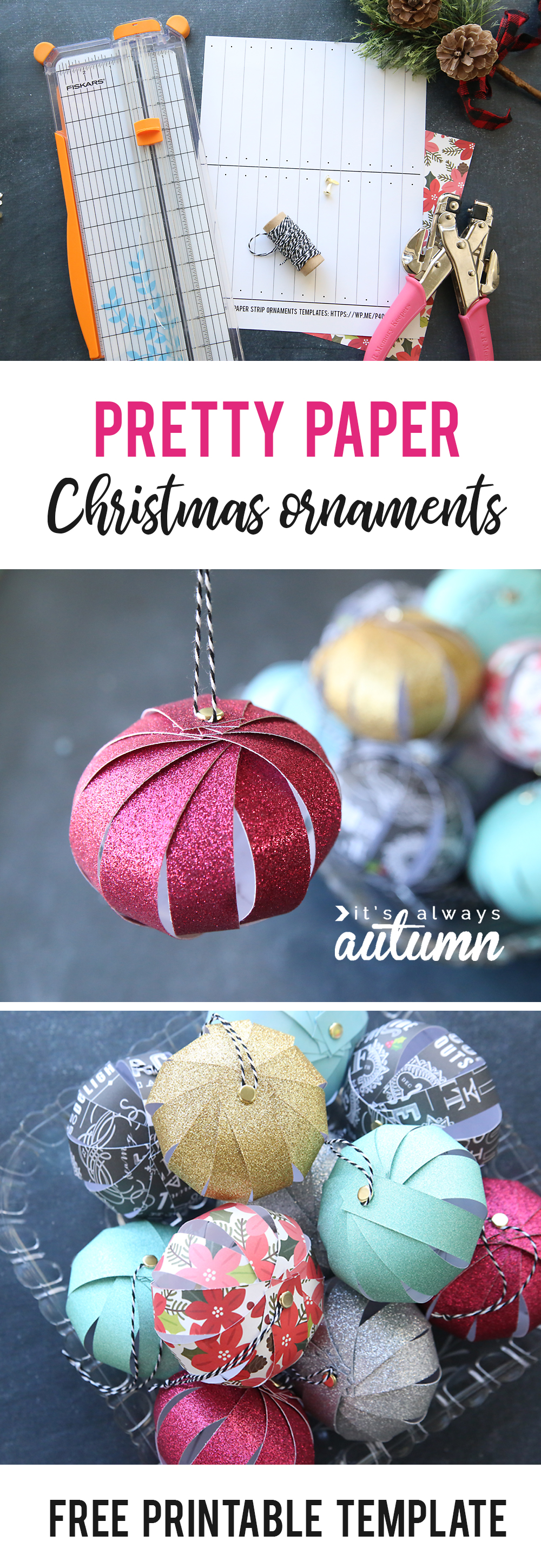 Christmas ornaments made from sparkly paper strips, printable template