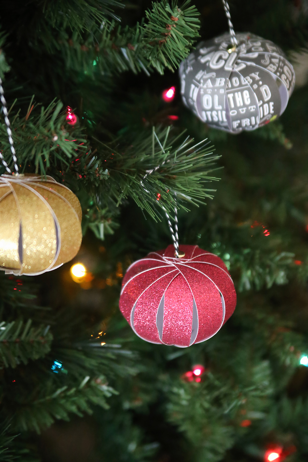 Paper strip ornaments on a Christmas tree