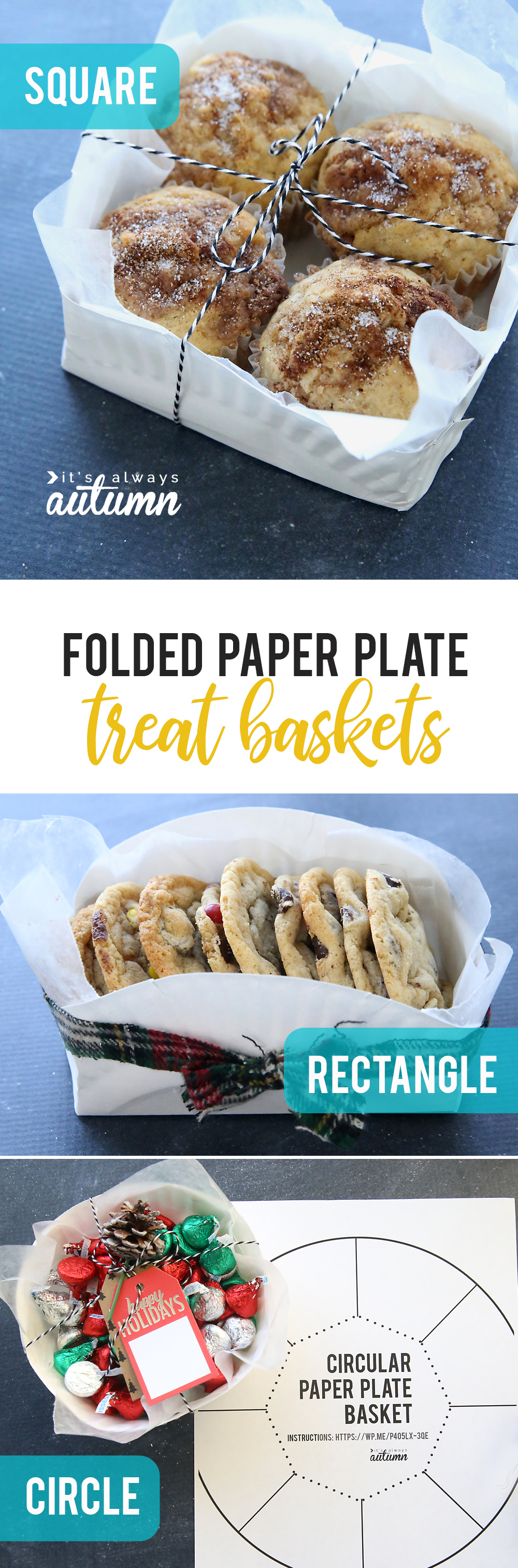 Folded paper plate treat baskets full of baked goods