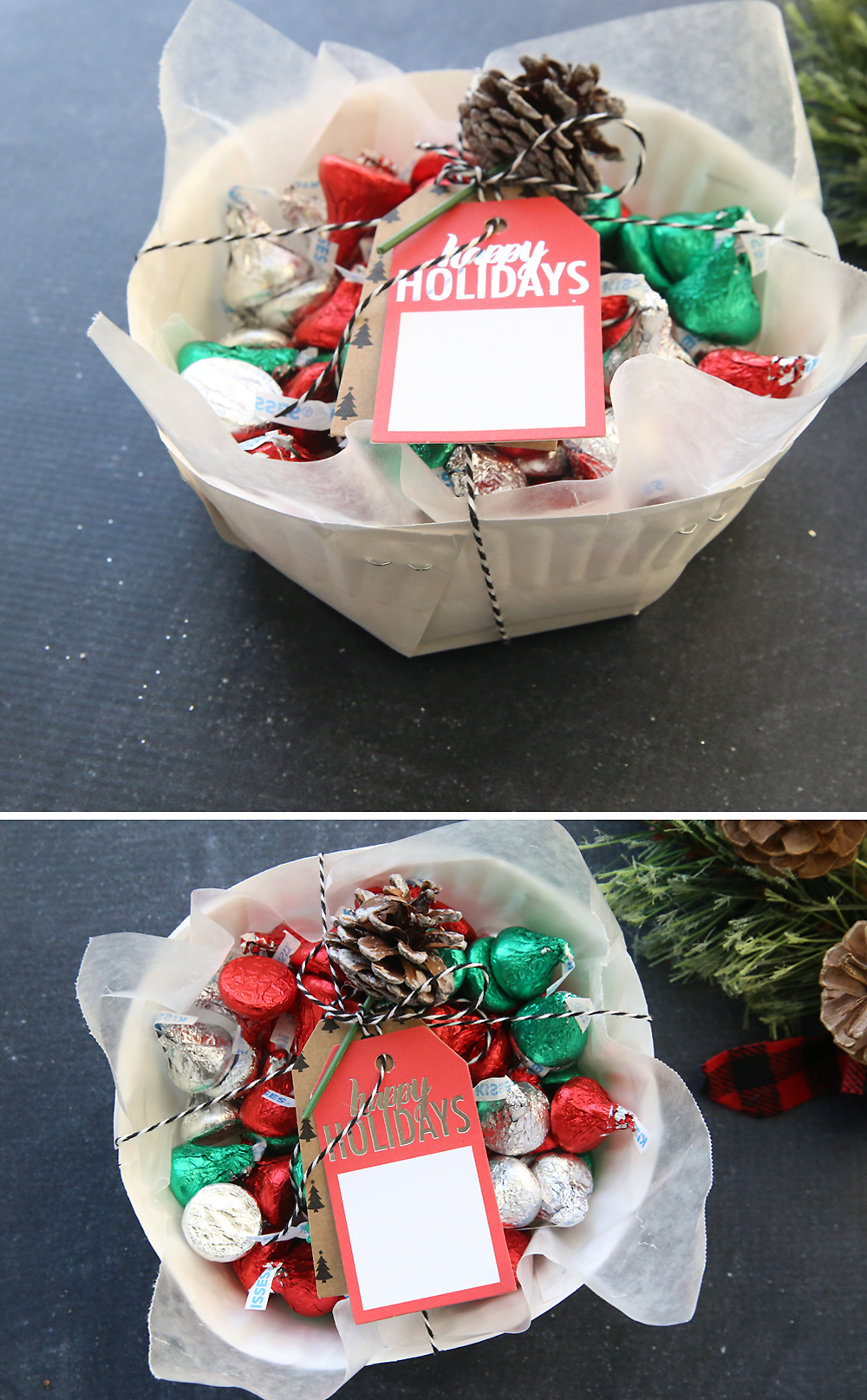 Paper plate treat basket filled with chocolate candy