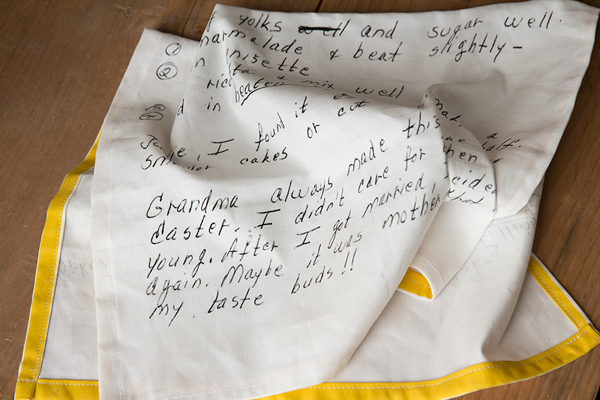 Kitchen towel with handwritten recipe, with yellow border